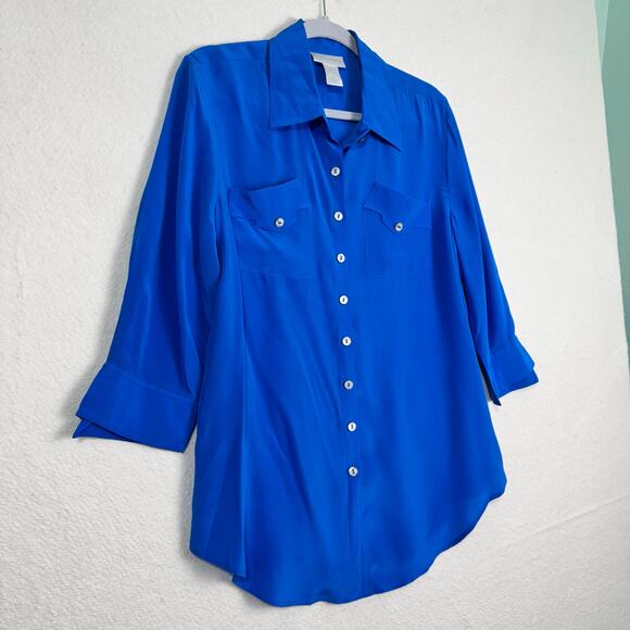 Soft Surroundings Blue Silk Button Up Tunic Blouse Size Petite Large 3/4 Sleeve - Picture 6 of 6